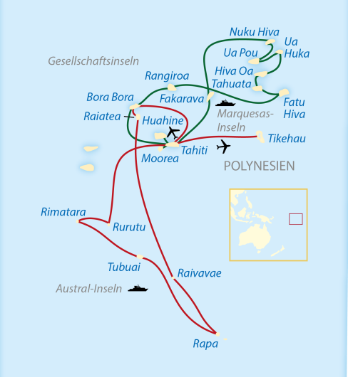 Karte Resieverlauf Südsee Australinseln - Gesellschaftsinseln - Marquesas