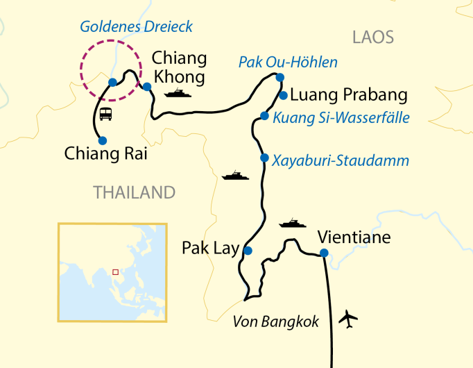 Reiseverlauf Karte Mekong Orchidee Goldenes Dreieck - Vientiane_1932_2910_2024